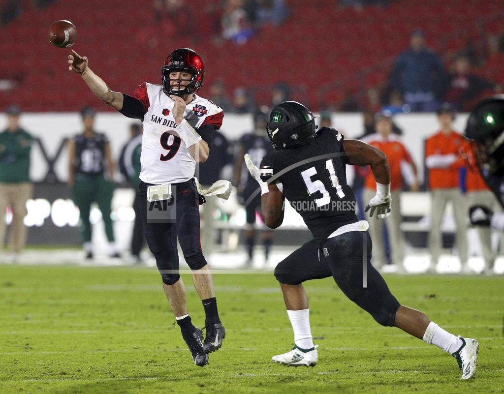 Richard W. Rodriguez San Diego State quarterback Ryan Agnew (9) passes the ball under pressure from Ohio defensive lineman Will Evans (51) in the second half of the Frisco Bowl NCAA college football game, Wednesday, Dec. 19, 2018, in Frisco, Texas. (AP Photo/Richard W. Rodriguez)