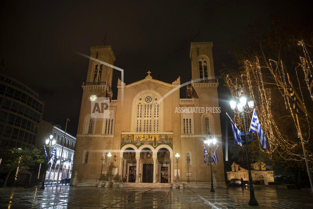 Petros Giannakouris The Athens Orthodox Cathedral, in Athens, on Monday Jan. 4, 2021. Greece's powerful Orthodox Church is rebelling against a government order to briefly close places of worship under a weeklong drive to tighten virus restrictions ahead of the planned reopening of schools. (AP Photo/Petros Giannakouris)
