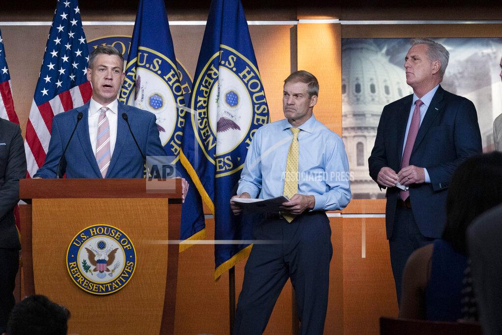 Jose Luis Magana Rep. Jim Banks, R-Ind., speaks during a news conference as Rep. Jim Jordan, R-Ohio, and House Minority Leader Kevin McCarthy, R-Calif., looks on at Capitol Hill, in Washington, Wednesday, July 21, 2021. Pelosi is rejecting two Republicans tapped by House GOP Leader Kevin McCarthy to sit on a committee investigating the Jan. 6 Capitol insurrection. She cited the "integrity" of the investigation. (AP Photo/Jose Luis Magana)