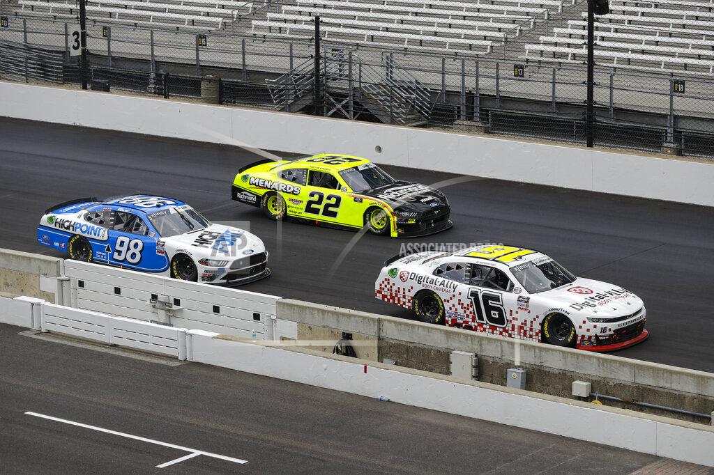 Darron Cummings NASCAR Xfinity Series drivers AJ Allmendinger (16), Austin Cindric (22) and Chase Briscoe (98) battle for the lead in the closing laps the NASCAR Xfinity Series auto race at Indianapolis Motor Speedway in Indianapolis, Saturday, July 4, 2020. (AP Photo/Darron Cummings)