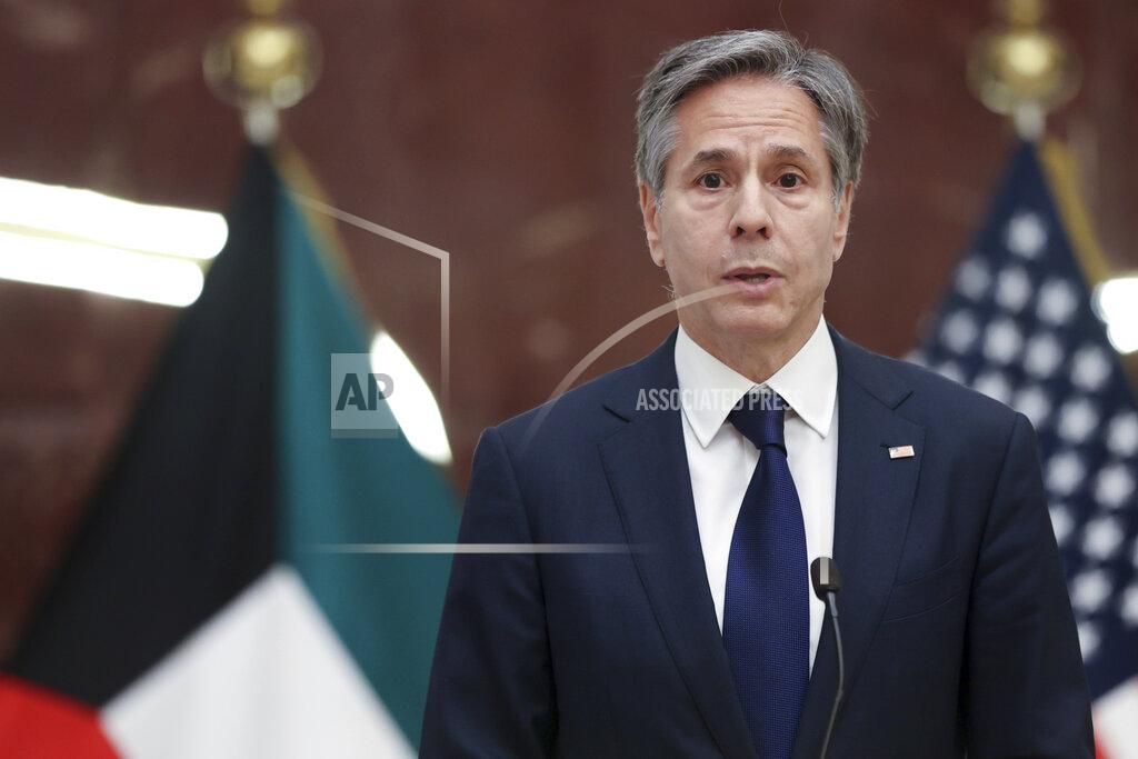Jonathan Ernst U.S. Secretary of State Antony Blinken participates in a news conference with Kuwaiti Foreign Minister Sheikh Ahmad Nasser Al-Mohammad Al-Sabah at the Ministry of Foreign Affairs in Kuwait City, Kuwait, Thursday, July 29, 2021. (Jonathan Ernst/Pool via AP)
