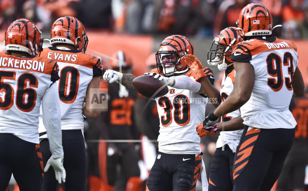 David Richard Cincinnati Bengals free safety Jessie Bates (30) celebrates with teammates after an interception during the first half of an NFL football game against the Cleveland Browns, Sunday, Dec. 8, 2019, in Cleveland. (AP Photo/David Richard)