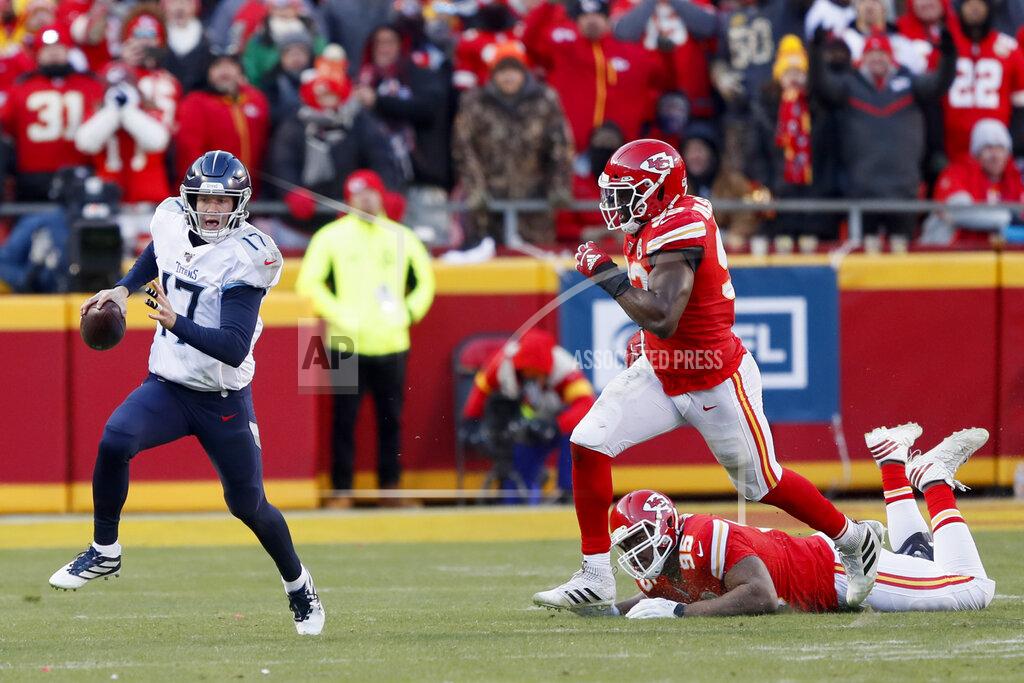 Charlie Neibergall Tennessee Titans' Ryan Tannehill (17) scrambles during the second half of the NFL AFC Championship football game against the Kansas City Chiefs Sunday, Jan. 19, 2020, in Kansas City, MO. (AP Photo/Charlie Neibergall)
