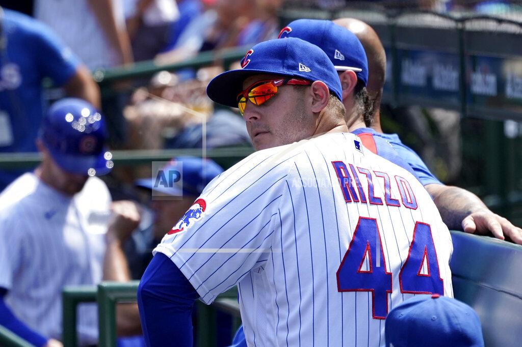 Charles Rex Arbogast Chicago Cubs' Anthony Rizzo sits on the bench during a baseball game against the Cincinnati Reds Thursday, July 29, 2021, in Chicago. (AP Photo/Charles Rex Arbogast)