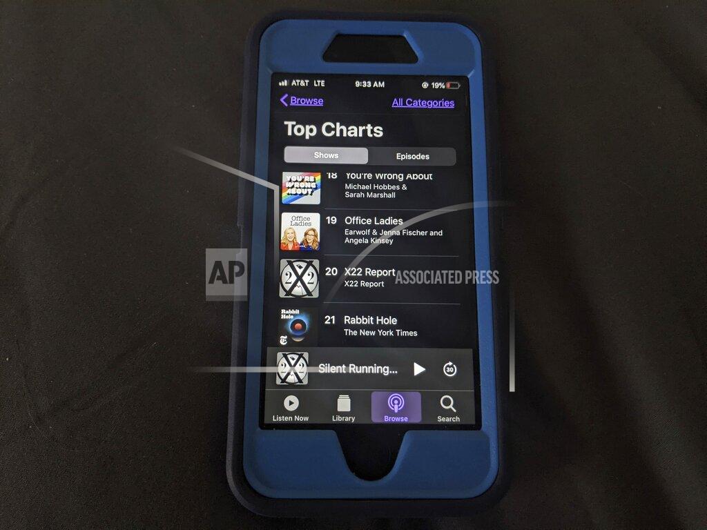 Tali Arbel Various Apple Podcasts are seen on an iPhone, Friday, Jan. 15, 2021. Major social platforms have been cracking down on the spread of misinformation and conspiracy theories in the wake of the Jan. 6 riot at the Capitol. But Apple and Google, among others, have left open a major loophole: Podcasts. (AP Photo/Tali Arbel)