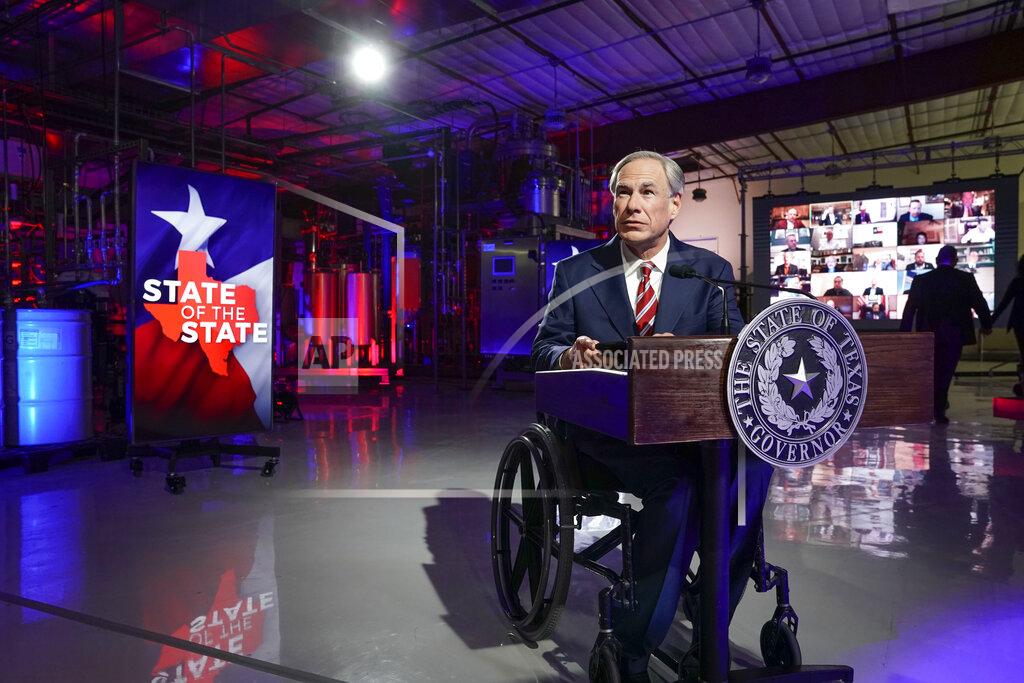 Bob Daemmrich Texas Gov. Greg Abbott prepares to deliver his State of the State speech at Visionary Fiber Technologies, for the first time outside the Capitol, Monday, Feb. 1, 2021, in Lockhart, Texas. (Bob Daemmrich/Pool Photo via AP)