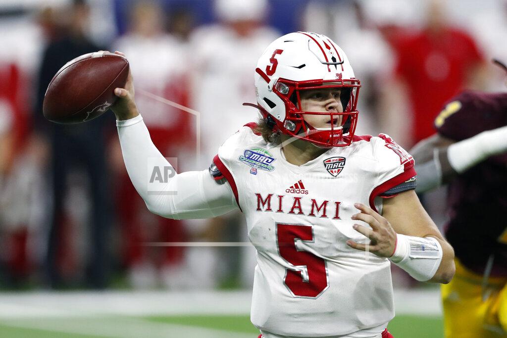 Carlos Osorio FILE - In this Dec. 7, 2019, file photo, Miami of Ohio quarterback Brett Gabbert throws during the second half of the Mid-American Conference championship NCAA college football game against Central Michigan, in Detroit. The Mid-American Conference on Saturday, Aug. 8, 2020, became the first league competing at college football’s highest level to cancel its fall season because of COVID-19 concerns. With the MAC’s 12 schools facing a significant financial burden by trying to maintain costly coronavirus protocols, the conference’s university presidents made the decision to explore a spring season. (AP Photo/Carlos Osorio, File)