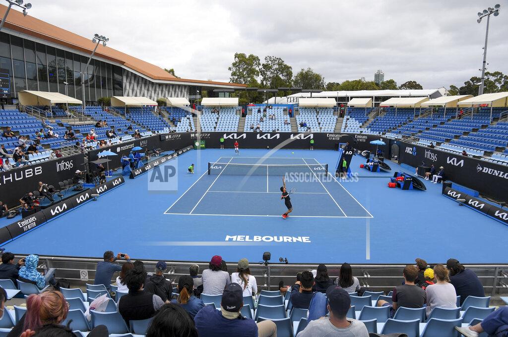 Andy Brownbill Japan's Kei Nishikori serves to Spain's Pablo Carreno Busta during their first round match at the Australian Open tennis championship in Melbourne, Australia, Monday, Feb. 8, 2021.(AP Photo/Andy Brownbill)