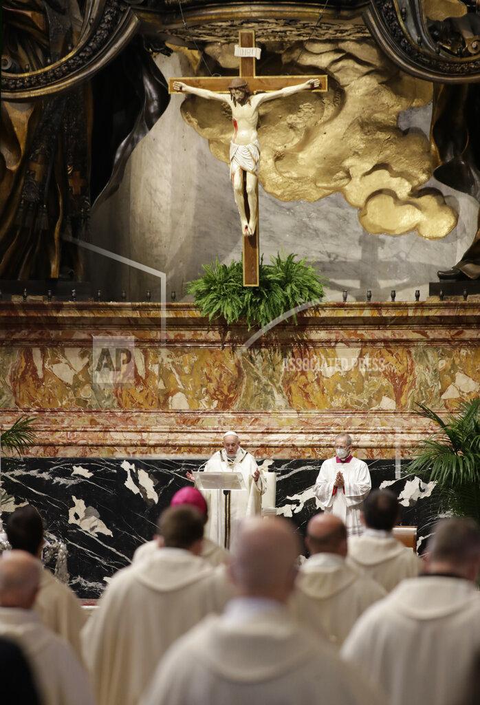 Andrew Medichini Pope Francis celebrates a Chrism Mass inside St. Peter's Basilica, at the Vatican, Thursday, April 1, 2021. During the Mass the Pontiff blesses a token amount of oil that will be used to administer the sacraments for the year. (AP Photo/Andrew Medichini, pool)
