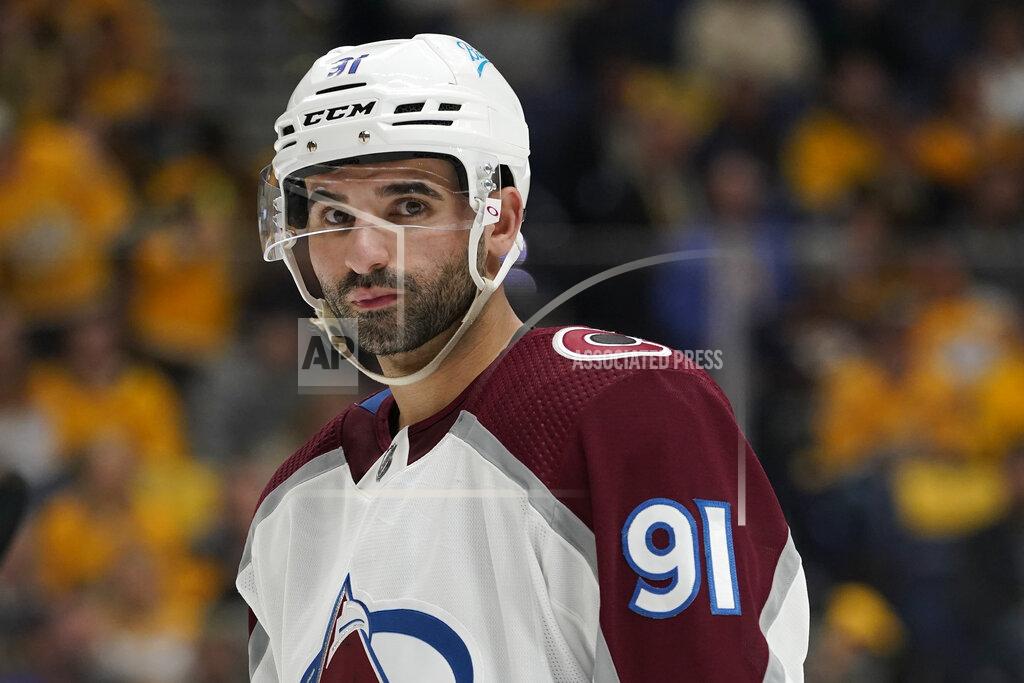 Mark Humphrey FILE - Colorado Avalanche center Nazem Kadri plays against the Nashville Predators during the first period in Game 4 of an NHL hockey first-round playoff series Monday, May 9, 2022, in Nashville, Tenn. The NHL and St. Louis police are investigating threats the Colorado Avalanche say were made toward forward Nazem Kadri.
Deputy Commissioner Bill Daly told The Associated Press by email Monday May 23, that the league and police looking into the situation. (AP Photo/Mark Humphrey, FIle)
