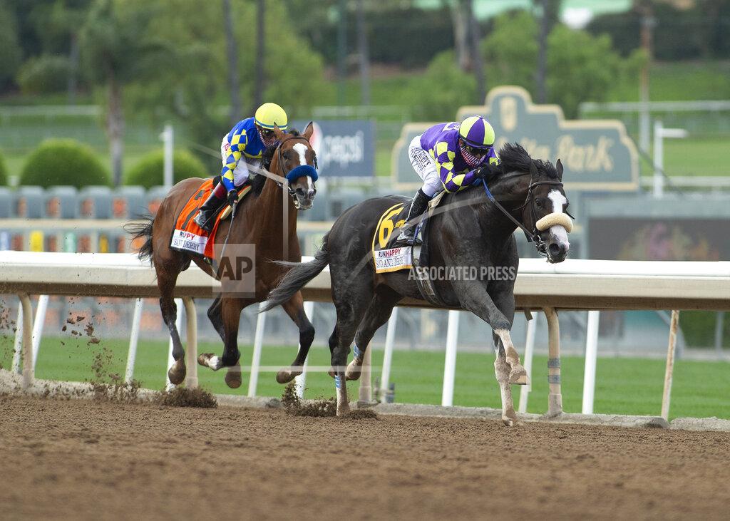 Uncredited In a photo provided by Benoit Photo,C R K Stable's Honor A.P. and jockey Mike Smith, right, glide by Authentic and jockey Drayden Van Dyke in mid-stretch and to on to win the Grade I $400,000 RUNHAPPY Santa Anita Derby Saturday, June 6, 2020 at Santa Anita Park in Arcadia, Calif. (Benoit Photo via AP)