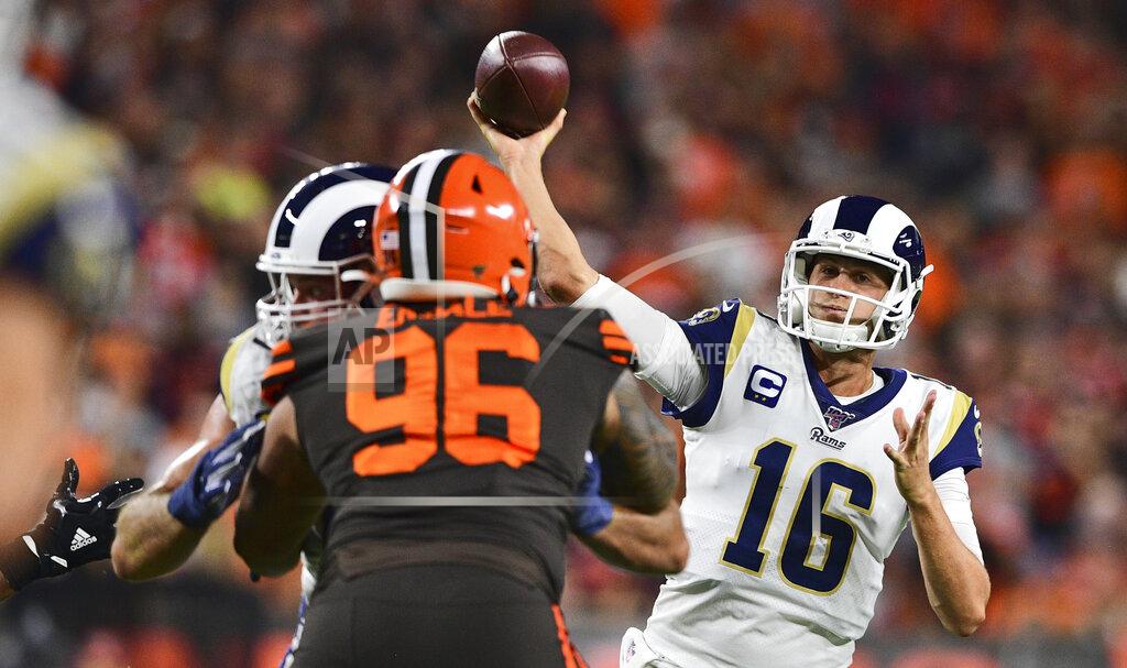 David Dermer Los Angeles Rams quarterback Jared Goff throws an 11-yard touchdown pass during the second half of an NFL football game against the Cleveland Browns, Sunday, Sept. 22, 2019, in Cleveland. (AP Photo/David Dermer)