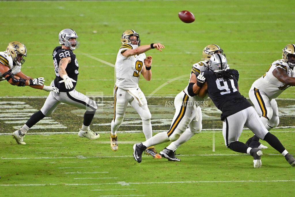 David Becker New Orleans Saints quarterback Drew Brees (9) throws against the Las Vegas Raiders during the second half of an NFL football game, Monday, Sept. 21, 2020, in Las Vegas. (AP Photo/David Becker)