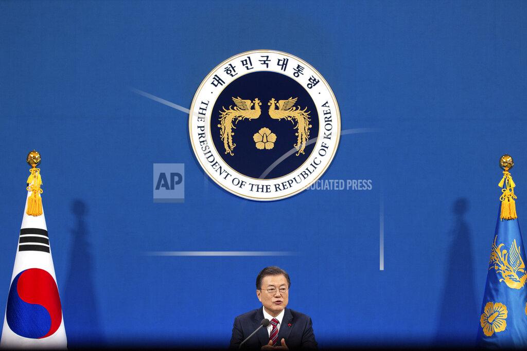 Jeon Heon-Kyun South Korean President Moon Jae-in speaks during an on-line New Year press conference with local and foreign journalists at the Presidential Blue House in Seoul, South Korea Monday, Jan. 18, 2021. (Jeon Heon-kyun/Pool Photo via AP)