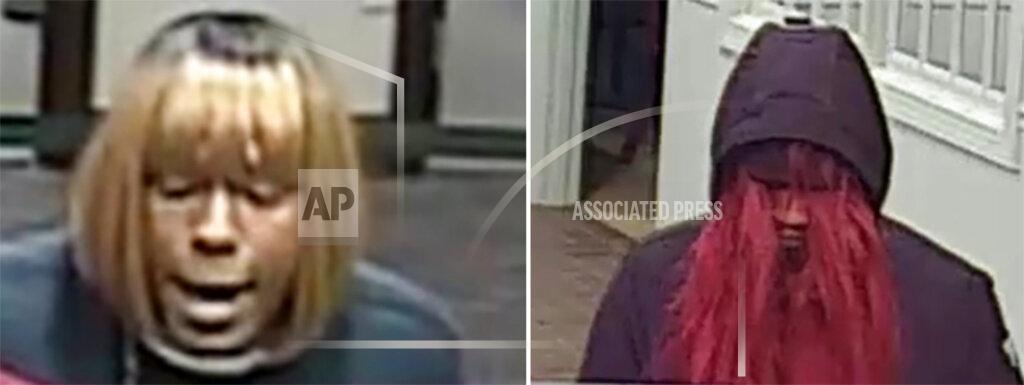 This photo combo provided by the FBI shows a person of interests in connection of bank robberies in in North Carolina. The FBI is asking the public's help in catching a so-called “bad wig bandit” who's been robbing banks in North Carolina. The FBI said in a statement on Thursday, Jan. 9, 2020, that the suspect wore a different wig during each heist in the Charlotte area. (FBI via AP)