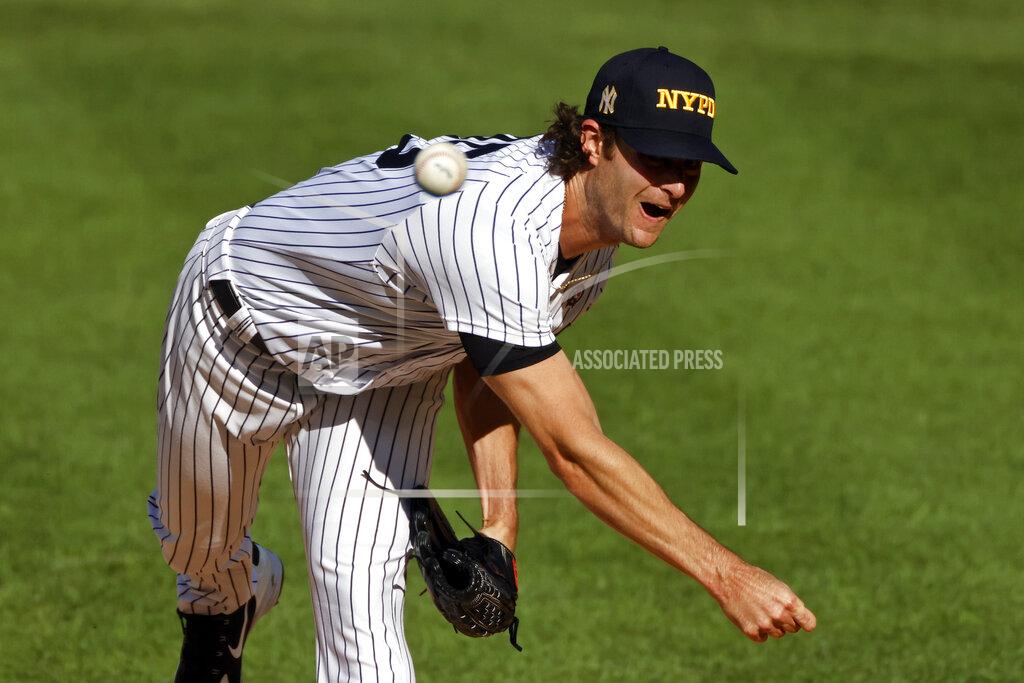 Adam Hunger New York Yankees pitcher Gerrit Cole delivers a pitch during the first inning of the first baseball game of a doubleheader against the Baltimore Orioles, Friday, Sept. 11, 2020, in New York. (AP Photo/Adam Hunger)