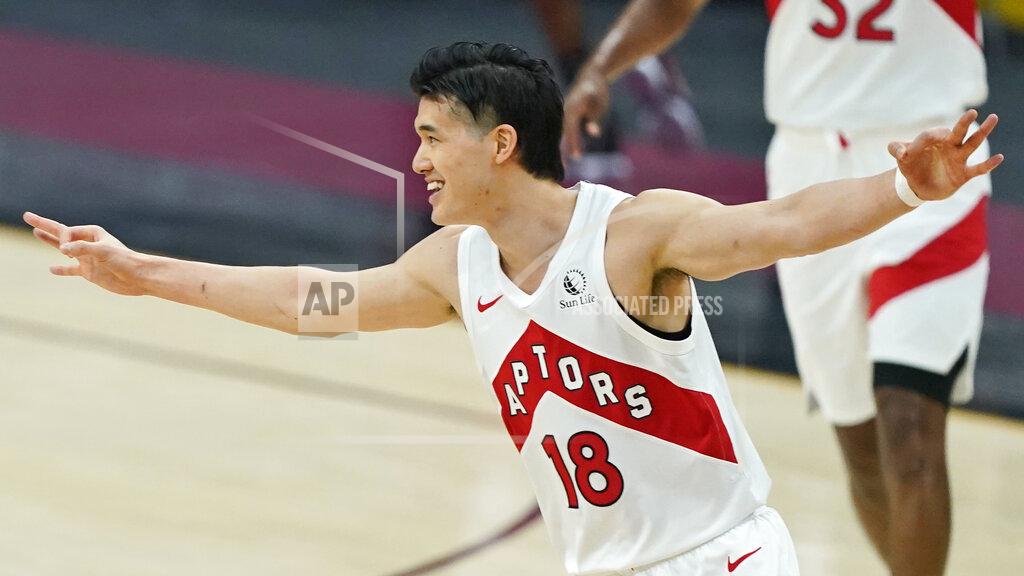 Tony Dejak Toronto Raptors' Yuta Watanabe celebrates a three-point basket in the first half of an NBA basketball game against the Cleveland Cavaliers, Saturday, April 10, 2021, in Cleveland. (AP Photo/Tony Dejak)