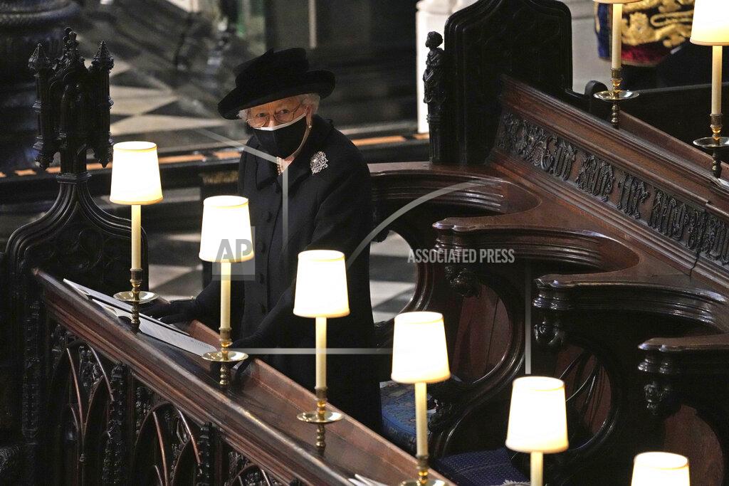 Yui Mok Britain's Queen Elizabeth II in St. George’s Chapel during the funeral of Prince Philip, the man who had been by her side for 73 years, at Windsor Castle, Windsor, England, Saturday April 17, 2021. Prince Philip died April 9 at the age of 99 after 73 years of marriage to Britain's Queen Elizabeth II. (Yui Mok/Pool via AP)