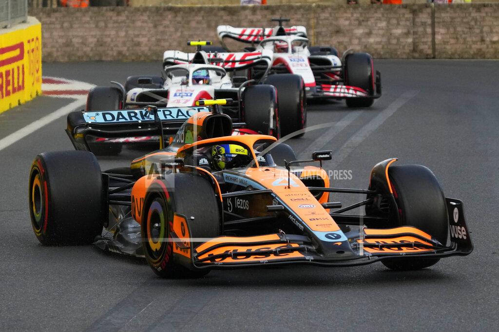 Sergei Grits Mclaren driver Lando Norris of Britain steers his car during the qualifying session at the Baku circuit, in Baku, Azerbaijan, Saturday, June 11, 2022. The Formula One Grand Prix will be held on Sunday. (AP Photo/Sergei Grits)