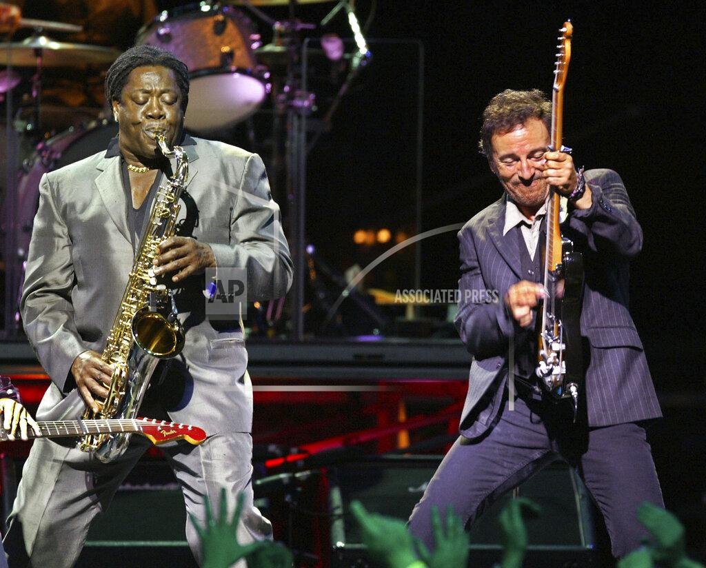 Winslow Townson FILE - Bruce Springsteen, right, performs with E Street Band sax player Clarence Clemons during their show in Boston on Oct. 4, 2002. Springsteen's latest album, "Letter To You" will be released on Oct. 23. (AP Photo/Winslow Townson, File)