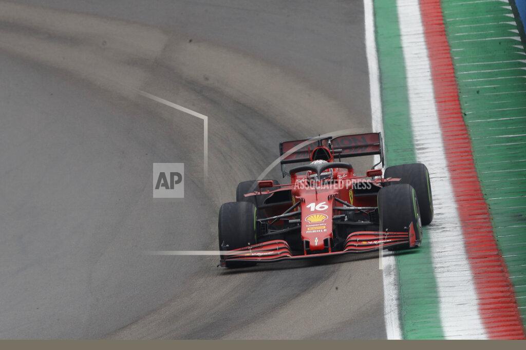 Luca Bruno Ferrari driver Charles Leclerc of Monaco steers his car during the Emilia Romagna Formula One Grand Prix, at the Imola racetrack, Italy, Sunday, April 18, 2021. (AP Photo/Luca Bruno)