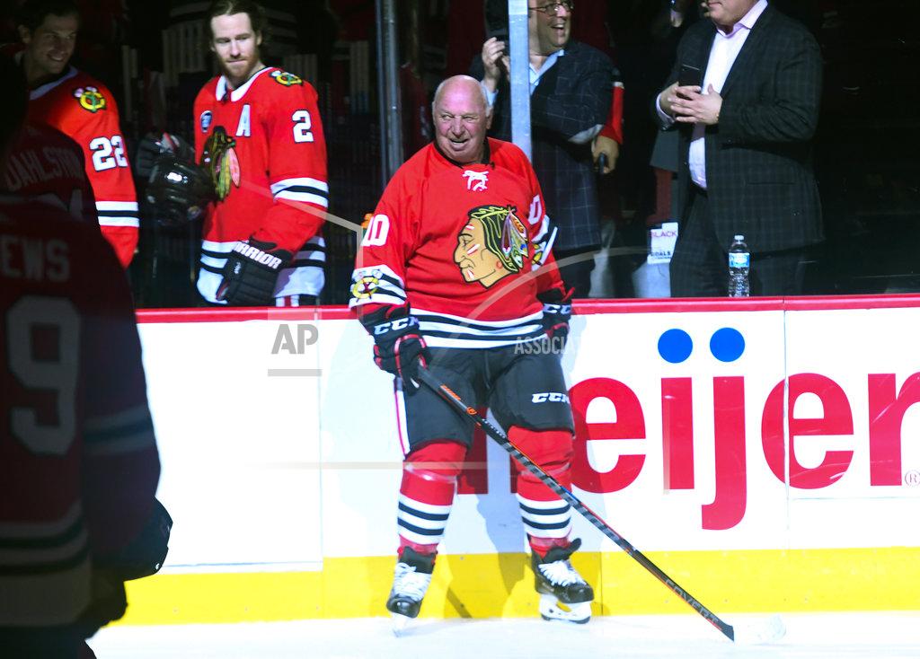 Matt Marton Former Chicago Blackhawks player Dennis Hull was honored in a "One More Shift" ceremony before an NHL hockey game between the Blackhawks and the Calgary Flames on Monday Jan. 7, 2019, in Chicago. (AP Photo/Matt Marton)