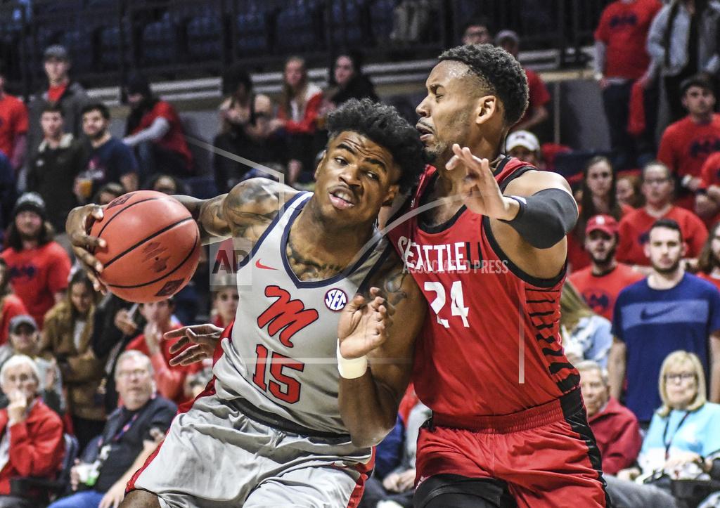 Bruce Newman Mississippi guard Luis Rodriguez (15) drives against Seattle guard Delante Jones (24) during an NCAA college basketball game Tuesday, Nov. 19, 2019, in Oxford, Miss. (Bruce Newman/The Oxford Eagle via AP)