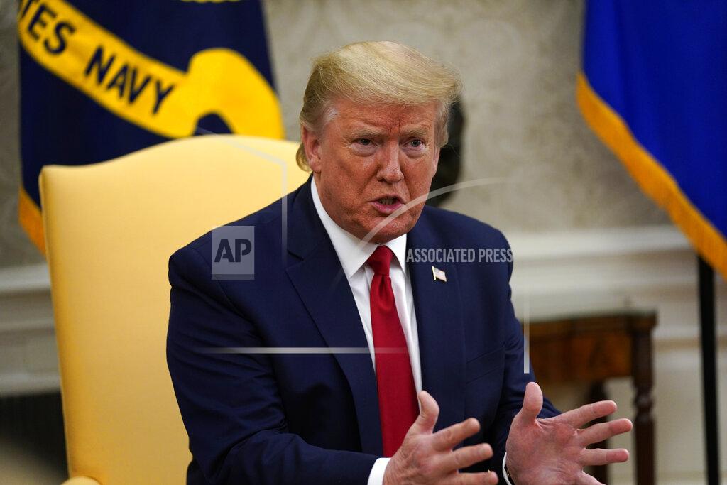 FILE - In this May 7, 2020, file photo, President Donald Trump speaks during a meeting about the coronavirus response in the Oval Office of the White House in Washington. The Supreme Court is taking up Trump’s bid to keep his tax, bank and financial records private, a major clash over accountability that could affect the 2020 presidential campaign. (AP Photo/Evan Vucci, File)