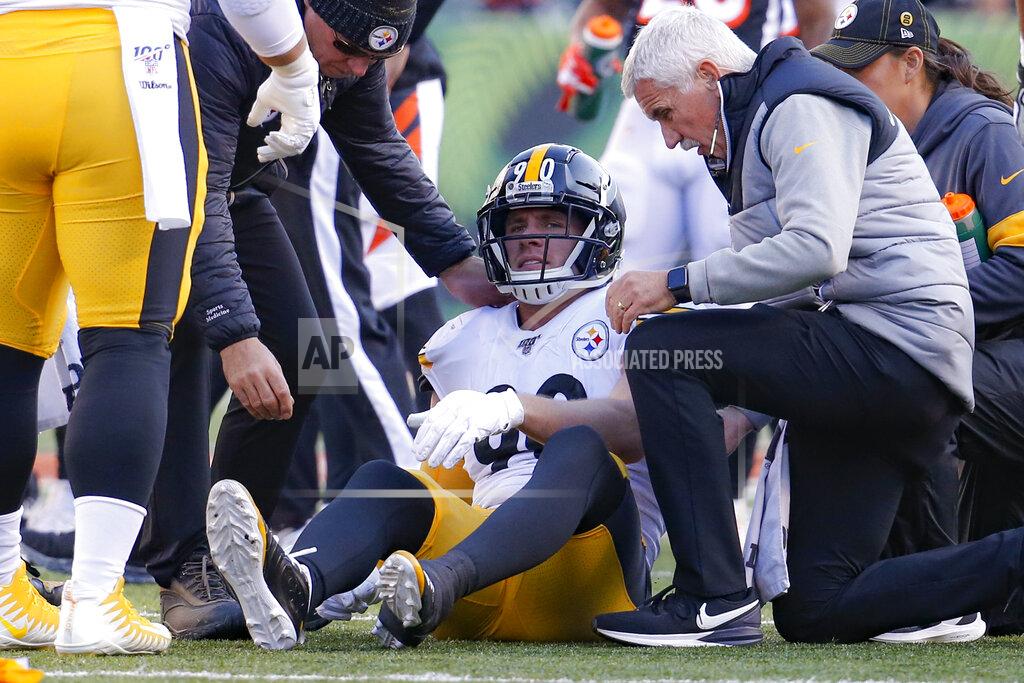Frank Victores Pittsburgh Steelers outside linebacker T.J. Watt (90) sits on the field with an apparent injury during the second half an NFL football game against the Cincinnati Bengals, Sunday, Nov. 24, 2019, in Cincinnati. (AP Photo/Frank Victores)