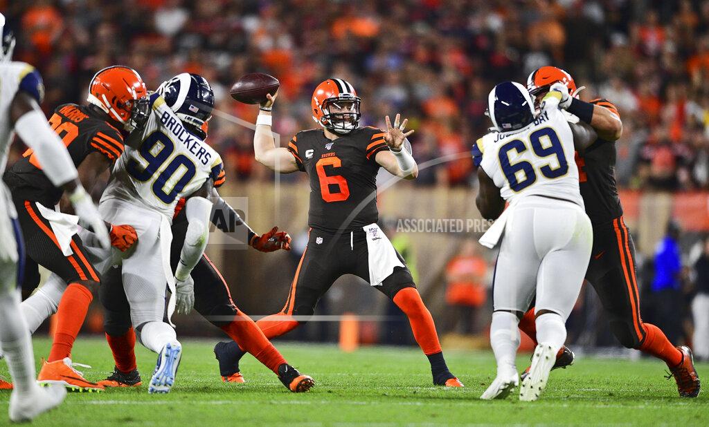 Cleveland Browns quarterback Baker Mayfield (6) looks to throw during the first half of an NFL football game against the Los Angeles Rams, Sunday, Sept. 22, 2019, in Cleveland. (AP Photo/David Dermer)