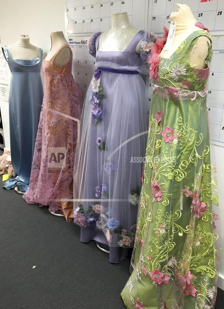 Ellen Mirojnick This handout image provided by Netflix shows costumes from the series "Bridgerton." Television producers Shonda Rhimes and Betsy Beers will be honored for their wardrobe efforts on projects like "Grey's Anatomy" and "Bridgerton" at the Costume Designers Guild Awards. (Ellen Mirojnick/Netflix via AP)