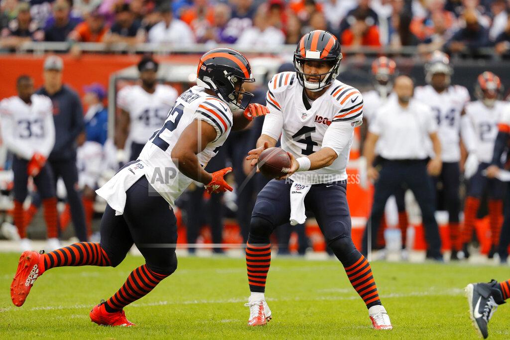 Jeff Roberson Chicago Bears quarterback Chase Daniel (4) hands off to running back David Montgomery during the half of an NFL football game against the Minnesota Vikings Sunday, Sept. 29, 2019, in Chicago. (AP Photo/Jeff Roberson)