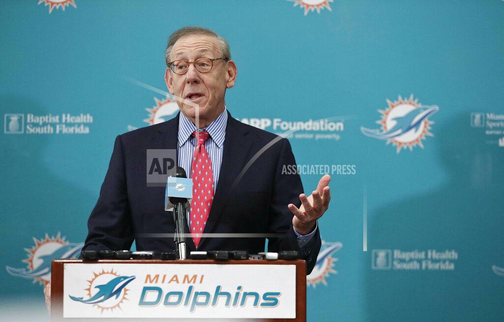FILE - In this Feb. 4, 2019, file photo, Miami Dolphin's owner Stephen Ross speaks during a news conference in Davie, Fla. Ross says he's confident the NFL will play in 2020, with or without spectators. “I think there definitely will be a football season this year,” Ross said Tuesday, May 26, 2020, during an interview on CNBC. “The real question is will there be fans in the stadiums?"(AP Photo/Brynn Anderson, File)