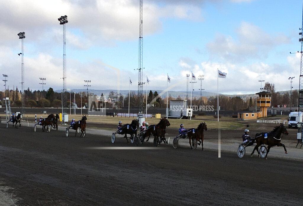 Steve Douglas In this photo taken on Thursday, April 30, 2020, horse race at the Bergsaker racecourse in Vasternorrland, Sweden. Swedish trotting is one of only a handful of European sports to have persevered during the coronavirus outbreak while competitions elsewhere shut down across the continent. That’s not just good news for the 40,000 people working in the equestrian sector in Sweden. It’s something of a savior for betting companies and gamblers around the world who have been starved of their usual diet of top-class sport in Europe. (AP Photo/Steve Douglas)