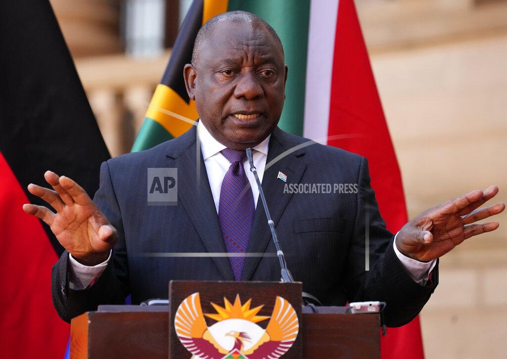 Themba Hadebe South African President Cyril Ramaphosa speaks during a joint media conference with German Chancellor Olaf Scholz at the Union Building in Pretoria, South Africa, Tuesday, May 24, 2022. (AP Photo/Themba Hadebe)