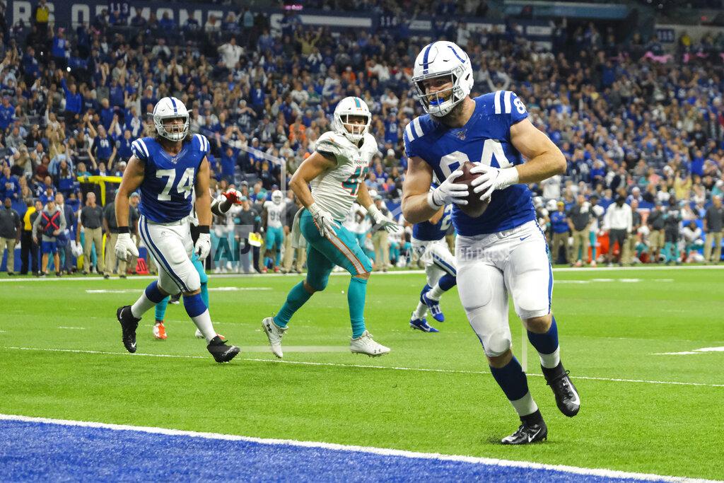 Aj Mast Indianapolis Colts tight end Jack Doyle (84) runs in for a touchdown after a catch against the Miami Dolphins during the second half of an NFL football game in Indianapolis, Sunday, Nov. 10, 2019. (AP Photo/AJ Mast)