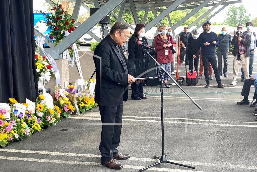 Amy Taxin Pastor Albany Lee addresses congregants and community members on Saturday, May 21, 2022, as survivors and church leaders join in prayer and thank community members for their support nearly a week after a deadly shooting at a Taiwanese American church congregation in Laguna Woods, Calif. The community is reeling after the attack on a luncheon of the Irvine Taiwanese Presbyterian Church that killed one and wounded five. Lee said trauma specialists will be available to assist community members. (AP Photo/Amy Taxin)
