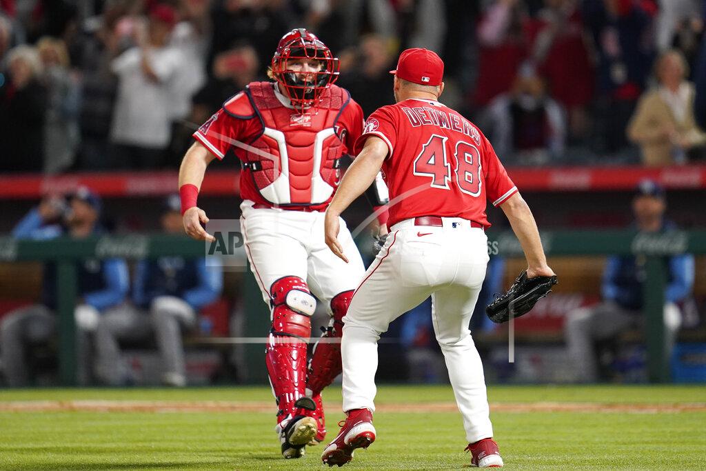Ashley Landis Los Angeles Angels starting pitcher Reid Detmers (48) celebrates with catcher Chad Wallach (35) after throwing a no hitter against the Tampa Bay Rays in a baseball game in Anaheim, Calif., Tuesday, May 10, 2022. The Angels won 12-0. (AP Photo/Ashley Landis)