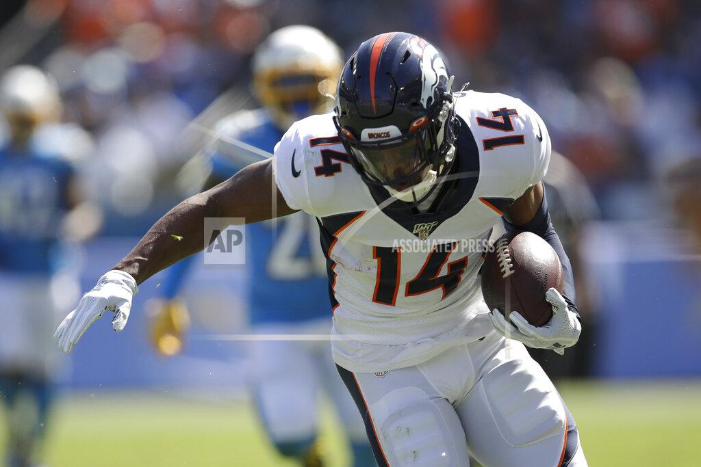 Marcio Jose Sanchez Denver Broncos wide receiver Courtland Sutton scores against the Los Angeles Chargers during the first half of an NFL football game Sunday, Oct. 6, 2019, in Carson, Calif. (AP Photo/Marcio Jose Sanchez)