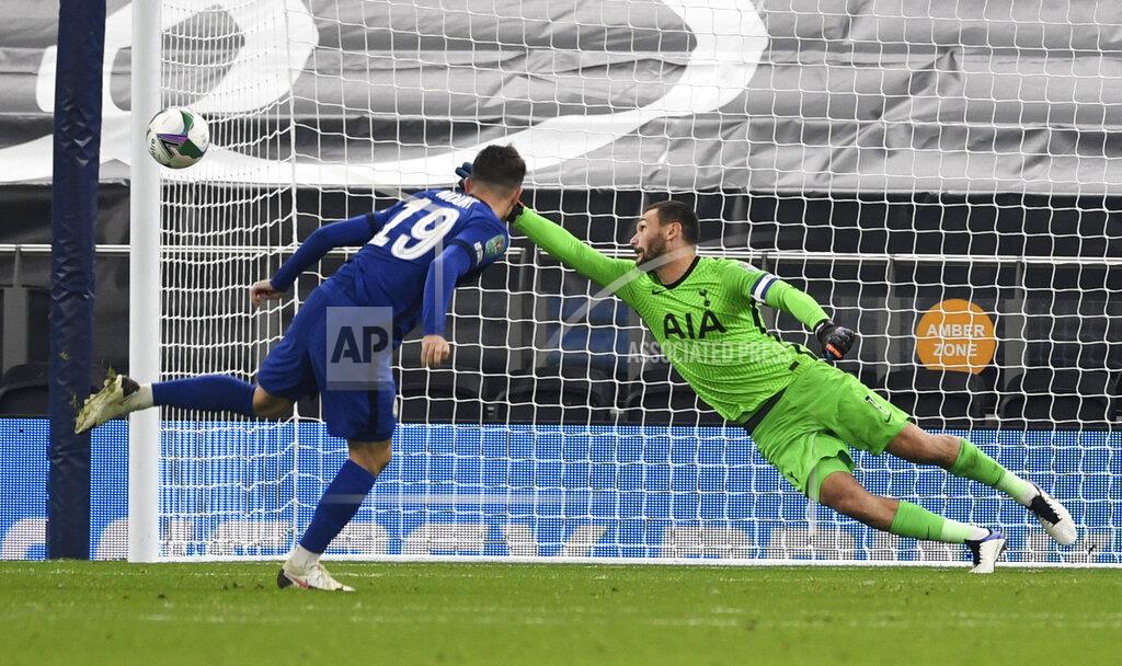 Neil Hall Chelsea's Mason Mount sends his penalty kick wide of Tottenham's goalkeeper Hugo Lloris during the English League Cup fourth round soccer match between Tottenham Hotspur and Chelsea at Tottenham Hotspur Stadium in London, England, Tuesday, Sept. 29, 2020. Tottenham defeated Chelsea 5-4 on penalties. (Neil Hall/Pool via AP)