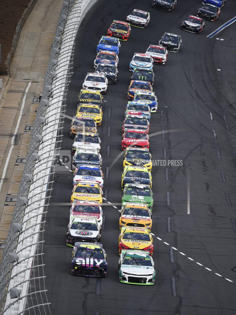 Mike Mccarn William Byron (24) leads the field to the start of a NASCAR Cup Series auto race at Charlotte Motor Speedway, Sunday, Sept. 29, 2019, in Concord, N.C. (AP Photo/Mike McCarn)