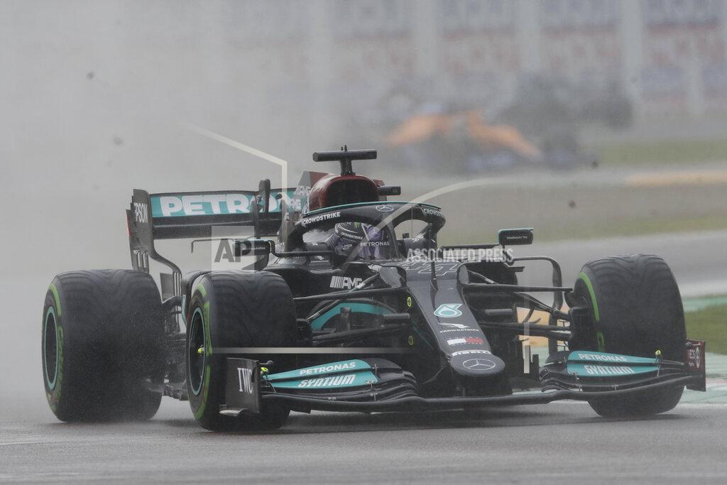 Luca Bruno Mercedes driver Lewis Hamilton of Britain steers his car during the Emilia Romagna Formula One Grand Prix, at the Imola racetrack, Italy, Sunday, April 18, 2021. (AP Photo/Luca Bruno)