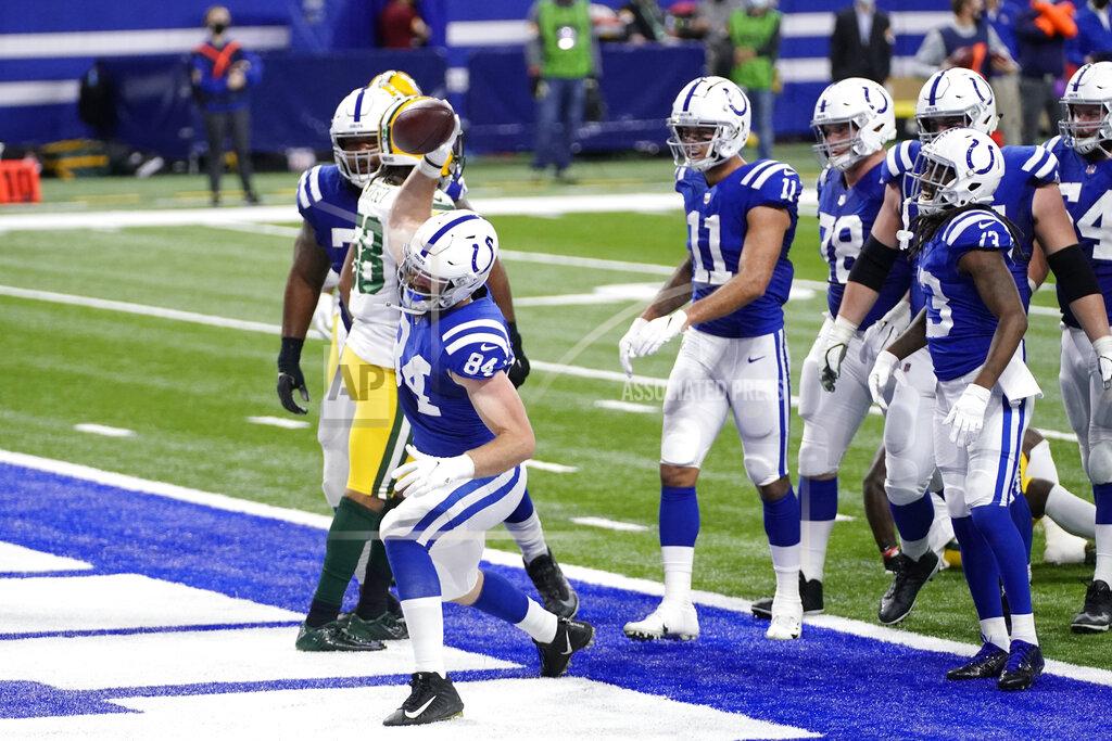 Aj Mast Indianapolis Colts' Jack Doyle (84) celebrates a touchdown reception during the second half of an NFL football game against the Green Bay Packers, Sunday, Nov. 22, 2020, in Indianapolis. (AP Photo/AJ Mast)