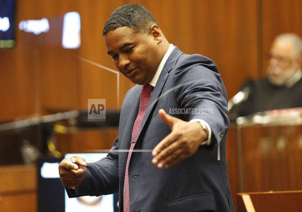 Frederick M. Brown Deputy D.A. John McKinney speaks in opening statements during the Eric Holder, murder trial on Wednesday, June 15, 2022 in Los Angeles. The Los Angeles prosecutor says the killing of Nipsey Hussle was premeditated by Holder Jr., charged with fatally shooting the Grammy Award-winning rapper outside his clothing store three years ago. McKinney told jurors during opening statements. (Frederick M. Brown/Daily Mail.com via AP, Pool)