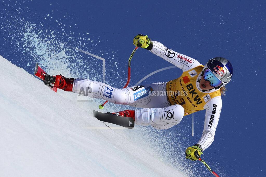 Marco Trovati Czech Republic's Ester Ledecka speeds down the course during an alpine ski, women's World Cup downhill race, in Crans Montana, Switzerland, Sunday, Feb. 27, 2022. (AP Photo/Marco Trovati)