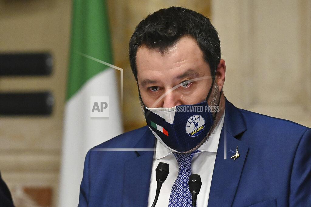 Alessandro Di Meo The League's Matteo Salvini addresses the media after meeting with former European Central Bank chief Mario Draghi, at the Chamber of Deputies, in Rome, Tuesday, Feb. 9, 2021. Draghi has secured pledges of backing from nearly every party in the Italian Parliament as he wrapped up political consultations Tuesday aimed at giving the pandemic-ravaged nation a new government, likely later this week. (Alessandro Di Meo/Pool via AP)