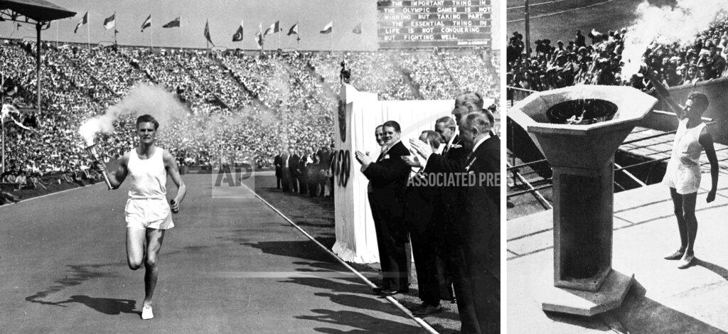 Uncredited British athlete John Mark runs with the Olympic flame, left, and on right, lights the cauldron during the opening ceremony of the XIV Olympiad, in Wembley Stadium, London on July 29, 1948. (AP Photo)