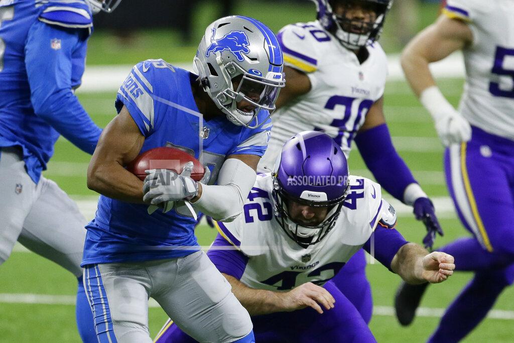 Duane Burleson Detroit Lions' Jamal Agnew is tackled by Minnesota Vikings' Andrew DePaola (42) during a punt return during the first half of an NFL football game, Sunday, Jan. 3, 2021, in Detroit. (AP Photo/Duane Burleson)
