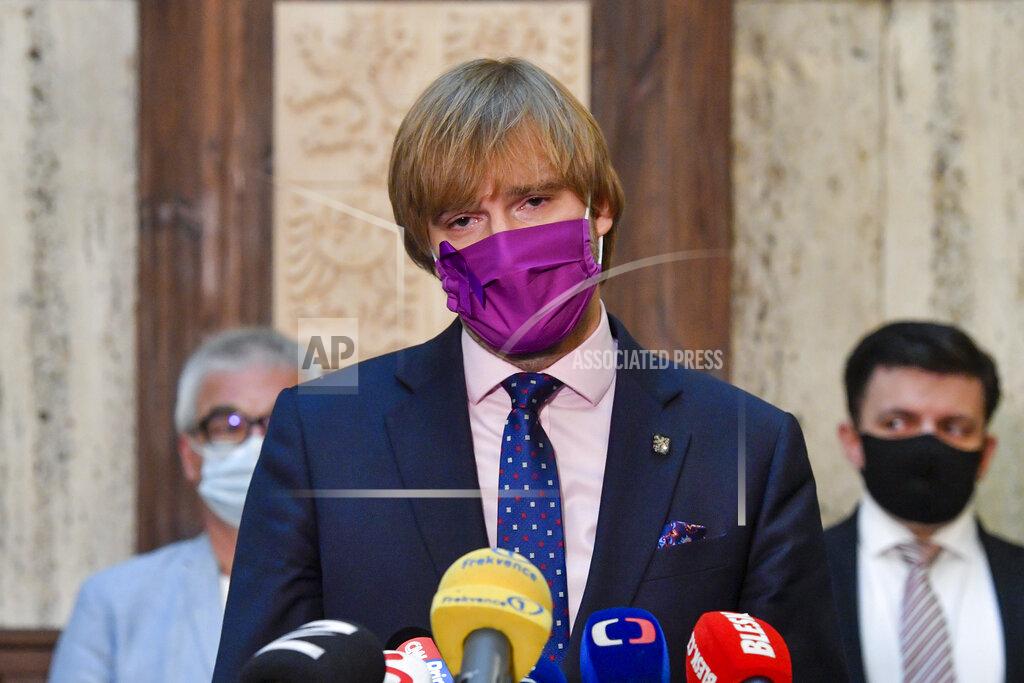 Simanek Vit Czech Health Minister Adam Vojtech (for ANO) announces his resignation in Prague, Czech Republic, Monday, Sept. 21, 2020. He has decided to resign from his post in order to create space for dealing with the coronavirus epidemic, he told journalists. (AP Photo via CTK/Vit Simanek)