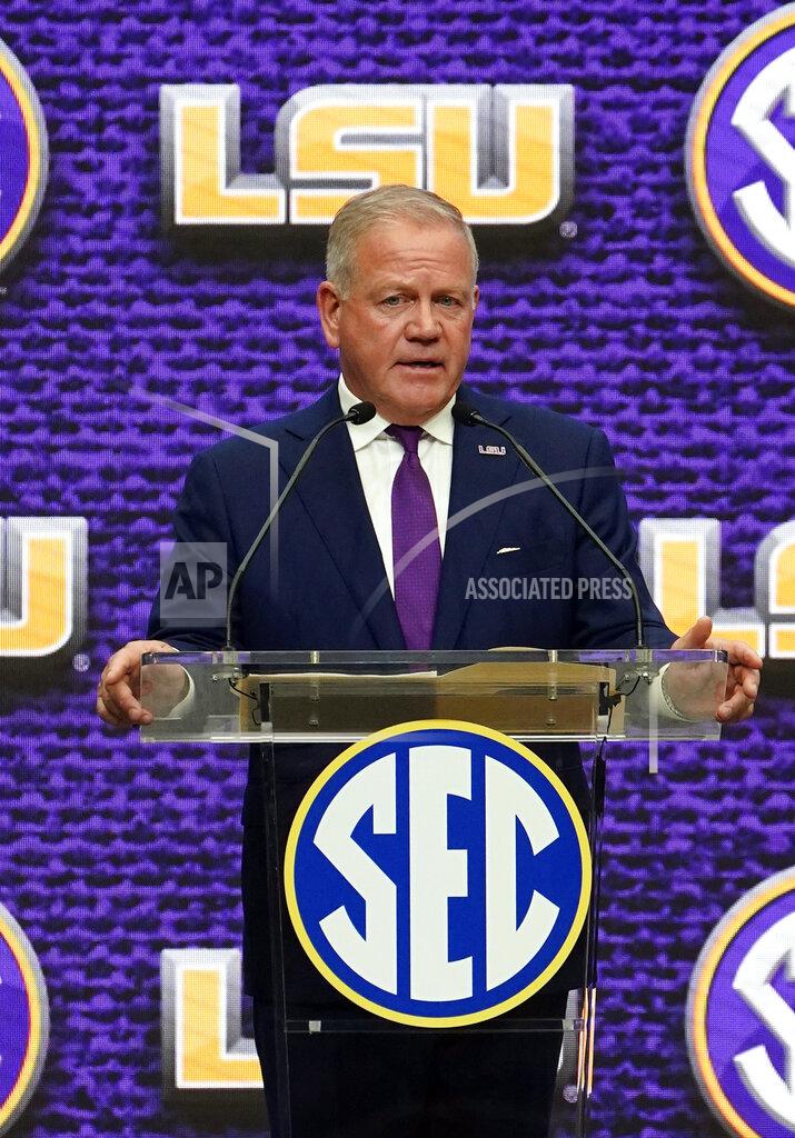 John Bazemore LSU coach Brian Kelly speaks during an NCAA college football news conference at the SEC Media Days, Monday, July 18, 2022, in Atlanta. (AP Photo/John Bazemore)